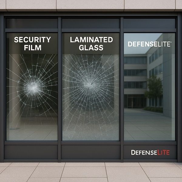 Comparison of window security film, laminated glass, and DefenseLite on a commercial building.