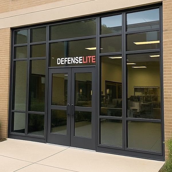 Modern commercial building with DefenseLite security glazing installed on doors and windows.