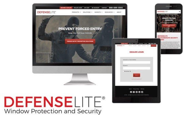 DefenseLite website shown on desktop, tablet, and mobile for window security solutions."