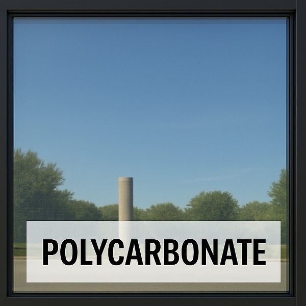 Clear polycarbonate security panel installed in a dark frame for impact-resistant window protection.