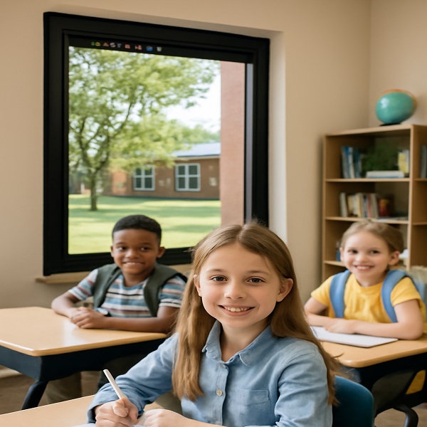 Elementary students learning in a classroom protected by DefenseLite security glazing.