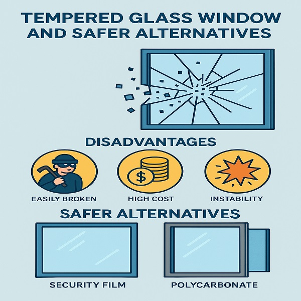 Tempered glass vs polycarbonate window security infographic.