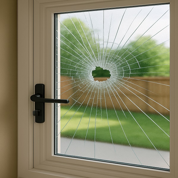 Shattered tempered glass window with cubed fragments.