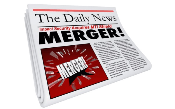 Newspaper graphic announcing Impact Security's acquisition of MTI Shield with bold merger headline
