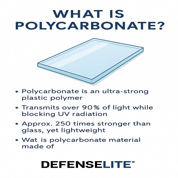 Infographic explaining what polycarbonate is, highlighting its strength, UV-blocking ability, and high light transmission.