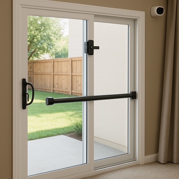 Interior view of a sliding glass door secured with a lock and horizontal security bar