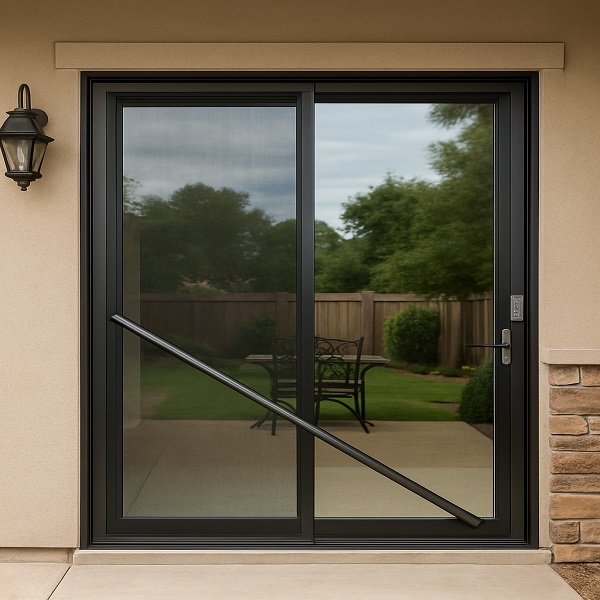 Exterior view of a sliding glass door reinforced with a diagonal security brace