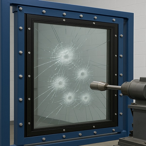 Ballistic glass undergoing forced-entry testing in laboratory