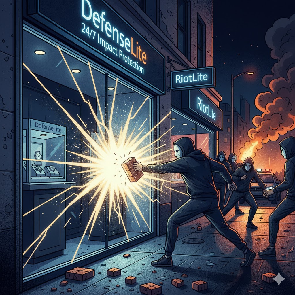 DefenseLite protected storefront glass being attacked by rioters, illustrating severe impact resistance.