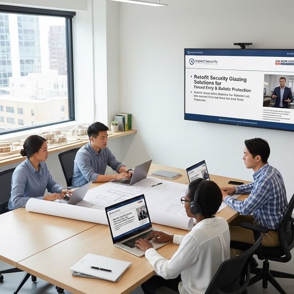 AEC professionals in a meeting taking an Impact Security course on Retrofit Security Glazing for Continuing Education.