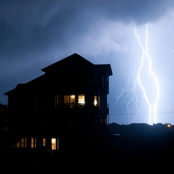 House silhouette against a dark, stormy sky with a massive lightning strike, emphasizing the need for hurricane-proof windows.