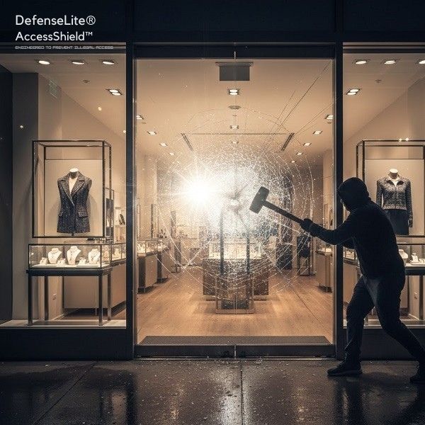A figure with a sledgehammer attempting a smash-and-grab on a retail storefront protected by DefenseLite AccessShield™, showing the glass holding firm against the impact.