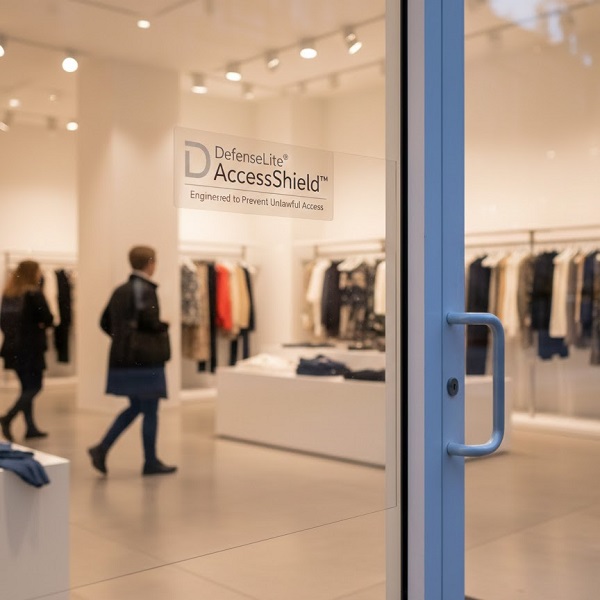 A close-up of a commercial glass entrance door, featuring the DefenseLite AccessShield™ logo, with a blurred retail interior and customers visible beyond.