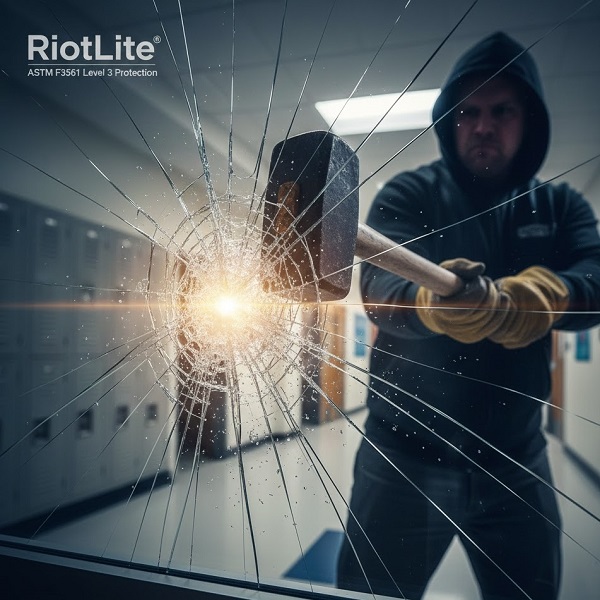 A sledgehammer impacting a window protected by RiotLite security film, showing the glass cracking but remaining intact. The RiotLite logo and "ASTM F3561 Level 3 Protection" are visible in the upper left.