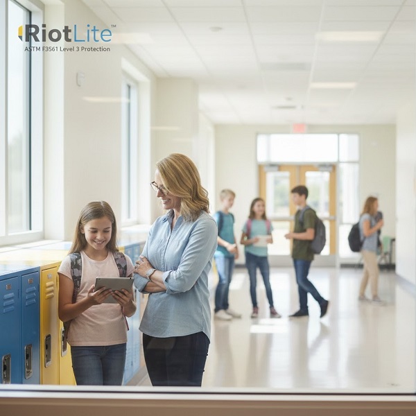 A teacher and a smiling student in a school hallway seen through a window framed by RiotLite security film. The RiotLite logo and "ASTM F3561 Level 3 Protection" are visible in the upper left.