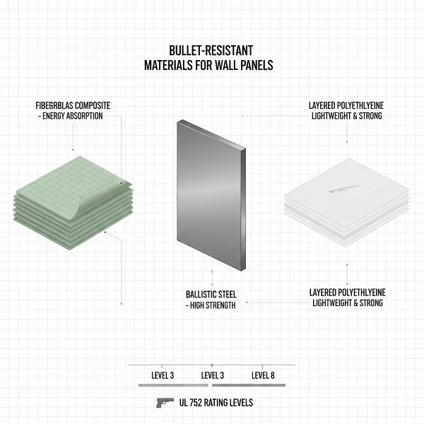 Diagram showcasing various bullet-resistant wall panel materials: fiberglass composite, ballistic steel, and layered polyethylene, with UL 752 rating levels.