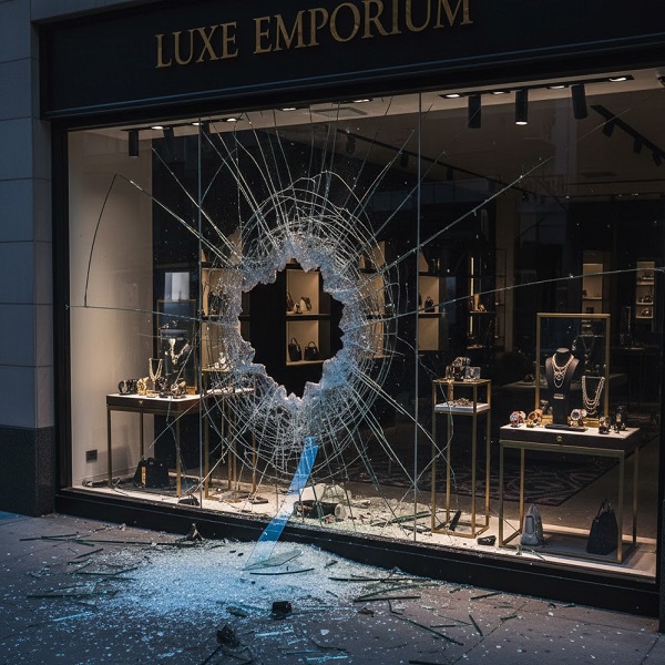 organized-retail-crime A retail storefront window with a large hole and spiderweb cracks from a smash-and-grab, with shattered glass on the sidewalk.