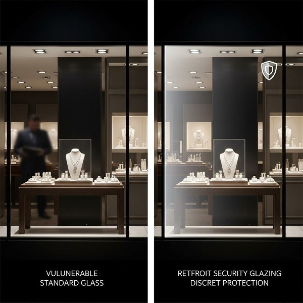 retrofit-glazing-protection Comparative image of a jewelry storefront: Left shows vulnerable standard glass, Right shows same storefront with discreet retrofit security glazing.
