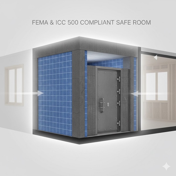 Diagram of a cross-section showing a reinforced, FEMA & ICC 500 compliant safe room within a building, deflecting external threats.