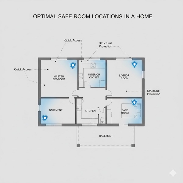 Floor plan diagram highlighting optimal safe room locations within a home, prioritizing quick access and structural protection.