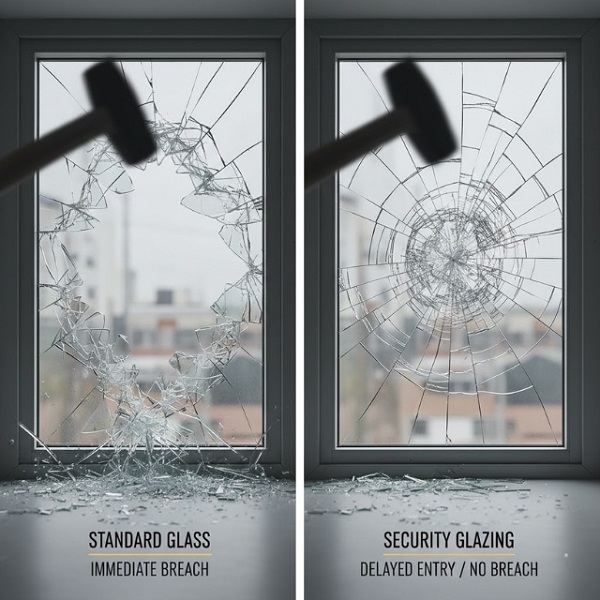 A visual comparison demonstrating forced entry resistance between a standard and a security glazed window. 
