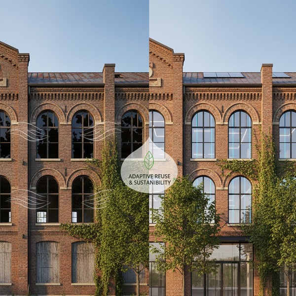 A split image illustrating the concept of Adaptive Reuse and Sustainability. 