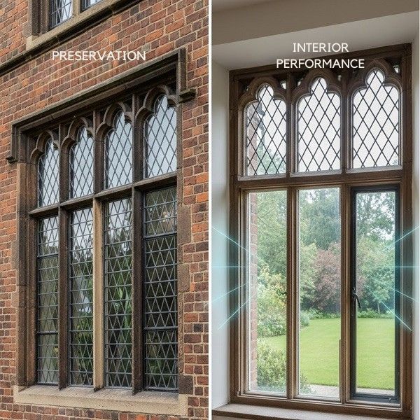 A split image demonstrating the benefits of secondary glazing in a historic building.