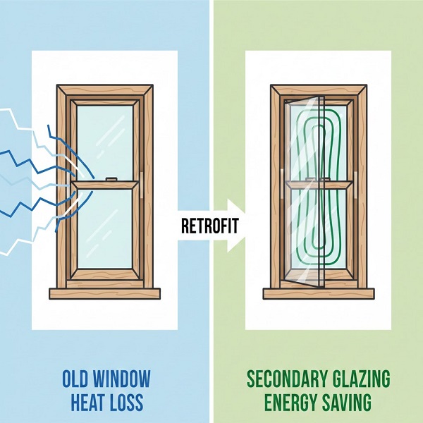 A diagram illustrating the benefit of secondary window glazing. 