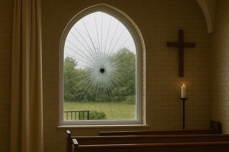 ballistic-security-church-window Shattered church window with a central bullet hole inside a quiet chapel.