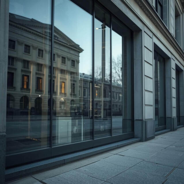 Front view of bank windows