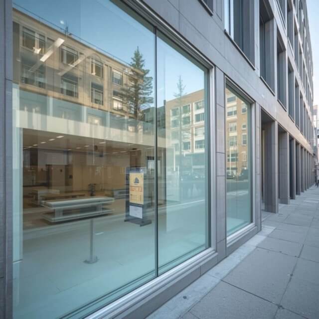 Glass windows on downtown building with retrofit hurricane window protection.