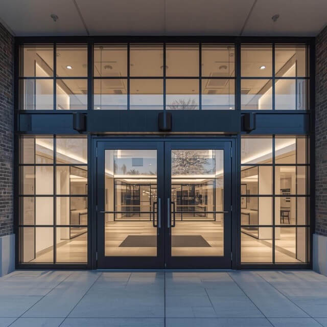 Hospital with double sliding doors and glass windows