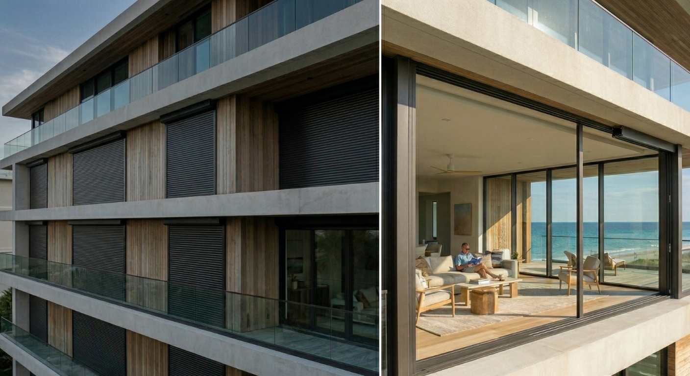 Home with modern hurricane protection.