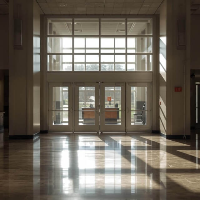 School doors leading into lobby