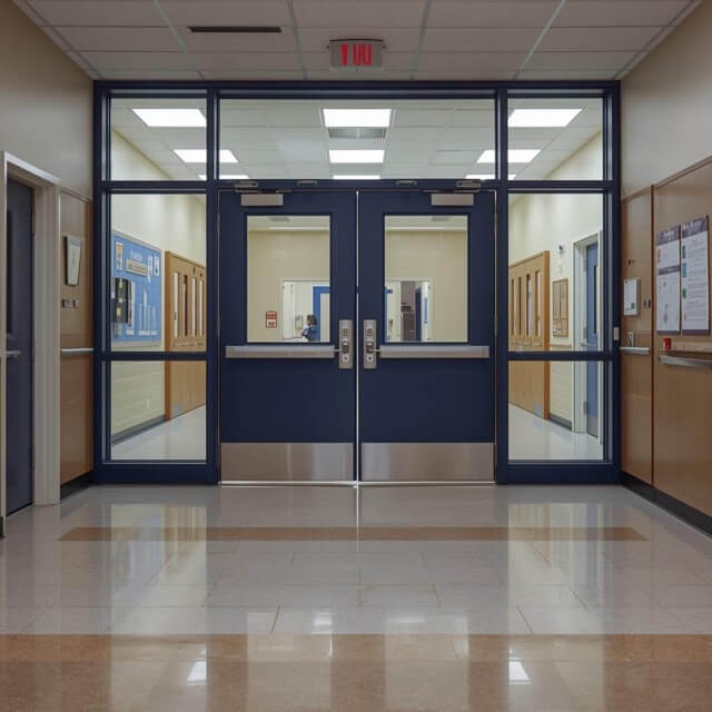 School doors leading into lobby