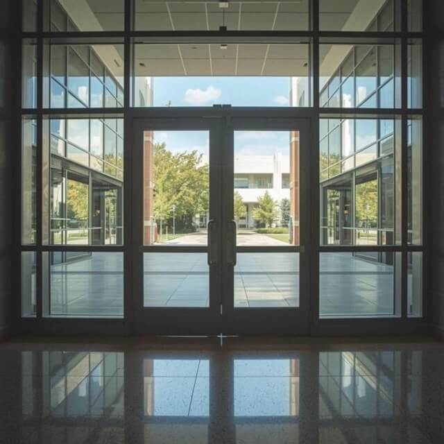 Sliding doors on a building