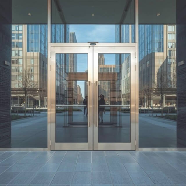 Sliding glass doors on building