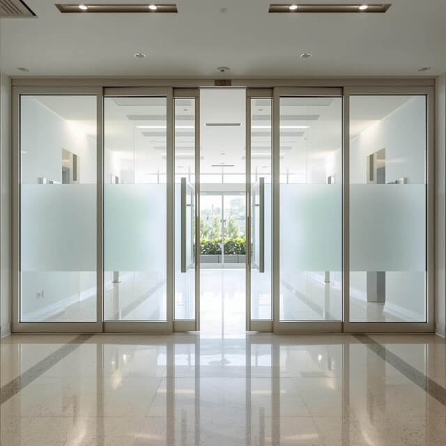 Sliding glass doors going into a hospital or wellness center