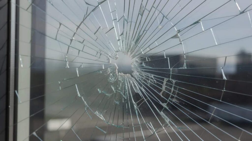The image depicts a cracked glass window with a spider-web crack pattern, securely held together by a protective security window film, ensuring the glass surface remains intact despite the damage. This shatter-resistant window film provides added protection against break-ins and flying glass shards.