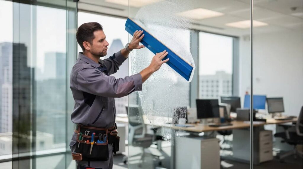 A professional installer is using a squeegee tool to apply security window film on a large office window, ensuring a smooth finish on the glass surface. This installation provides added protection against shattering and enhances safety for the occupants by preventing broken glass from becoming flying shards.