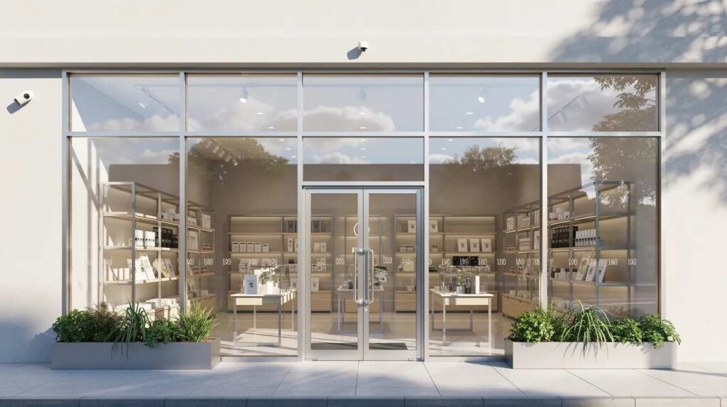 The image depicts a modern retail storefront with large glass windows, showcasing a clean and protected appearance on a sunny day. The glass is likely treated with shatterproof window film, providing added security and protection against potential break-ins and harmful UV rays.