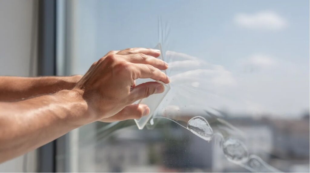 The image depicts a cracked glass window with a spider-web crack pattern, securely held together by a protective security window film, ensuring the glass surface remains intact despite the damage. This shatter-resistant window film provides added protection against break-ins and flying glass shards.