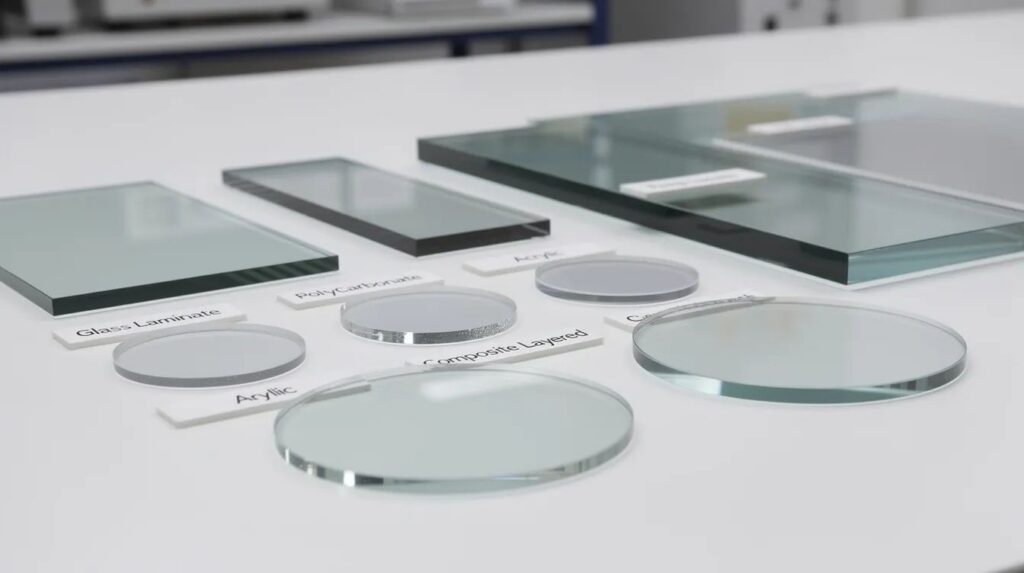 The image displays various samples of transparent security materials, showcasing different compositions and thicknesses, including bullet resistant glass and laminated glass layers designed for effective protection against ballistic threats. These materials, suitable for applications in government buildings and police stations, illustrate the advanced technology used to stop projectiles and enhance security.
