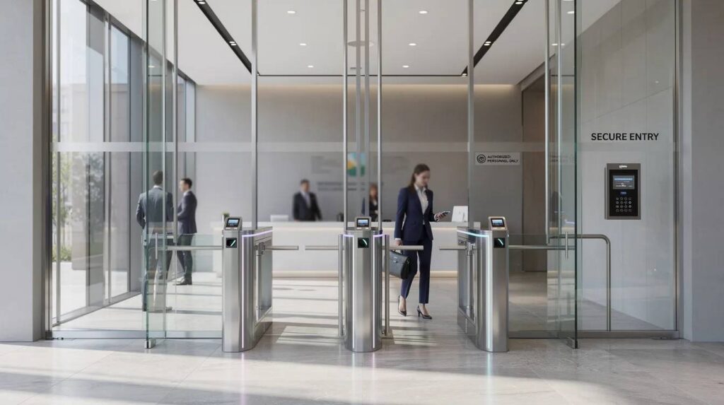 The image depicts a modern building entrance featuring large transparent security panels made of bullet-resistant glass, designed to provide superior protection against ballistic threats. The entrance is equipped with professional access control features, ensuring enhanced security for the premises.