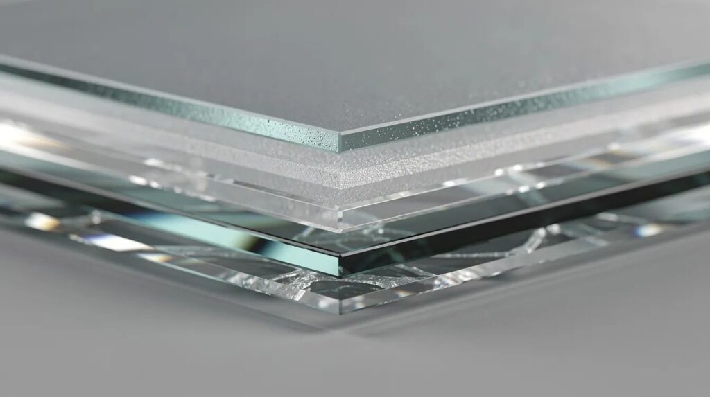 A close-up view of a multi-layered glass panel reveals its transparent materials and protective layers, showcasing the durability and bullet resistance of this advanced safety glass. This type of bulletproof glass is designed to enhance security in high traffic areas like schools and government buildings, providing reliable protection against ballistic threats.