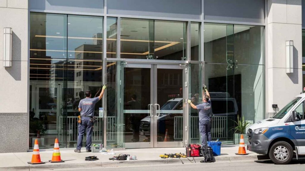 The image depicts a professional installation of bulletproof glass windows at the entrance of a commercial building, showcasing the transparent materials and security measures in place. This setup enhances safety and provides reliable protection against ballistic threats in high traffic areas.
