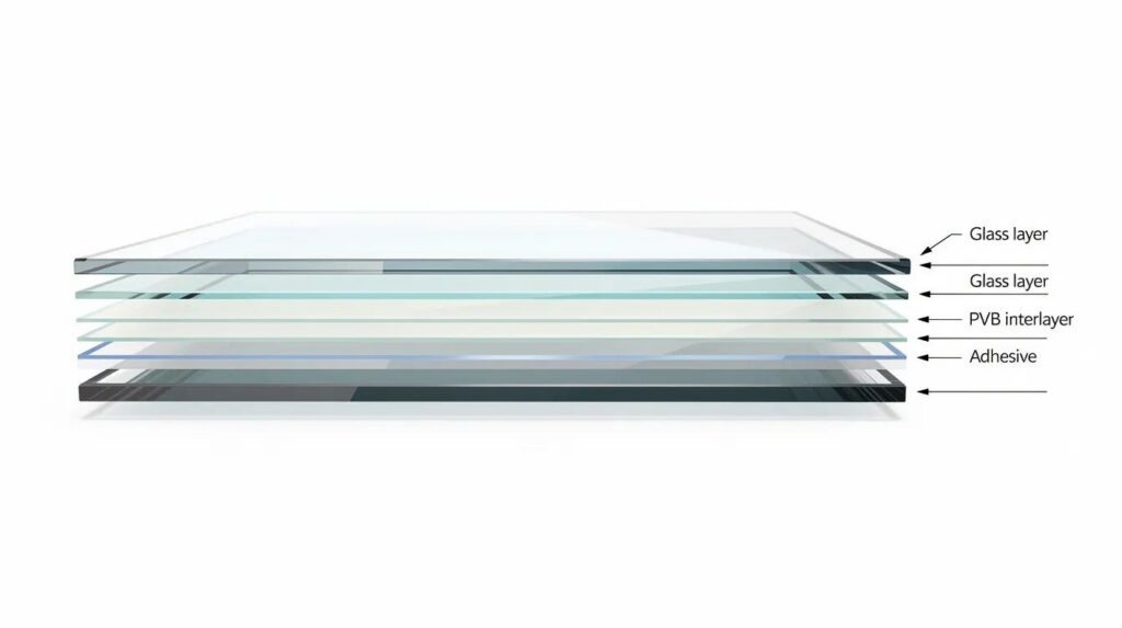 The image displays a cross-section view of layered laminated safety glass, highlighting multiple bonded plies that provide enhanced durability and protection. This type of glass, often referred to as bulletproof glass, is designed to offer excellent light transmission while ensuring a high level of security against various threats.