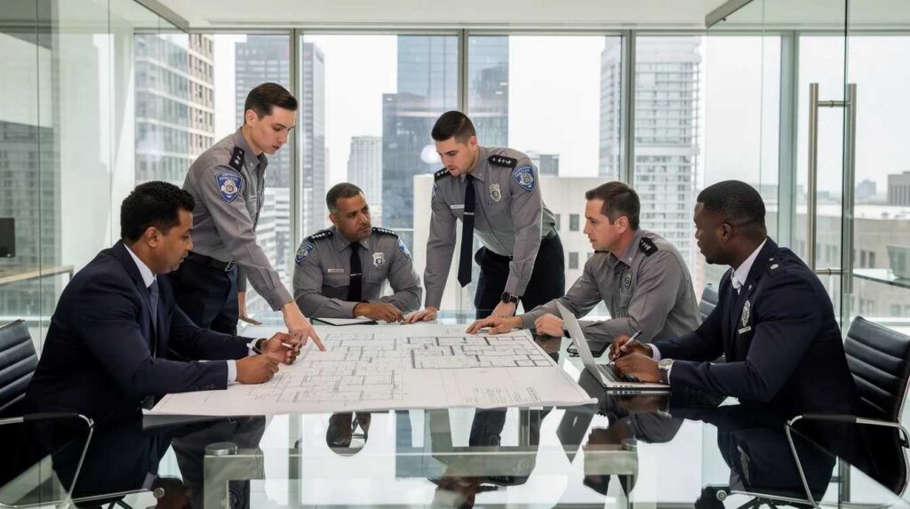 In the image, a group of security professionals is gathered around a large table, intently reviewing architectural plans for a modern office building, discussing the integration of bullet resistant glass and other security measures to enhance safety. The plans detail the installation of bulletproof glass windows and protective layers, indicating a focus on reliable protection against ballistic threats.