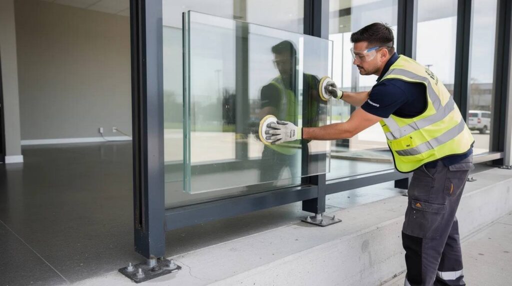 A professional glazier is seen installing a large commercial security glass panel made of bullet resistant glass within a robust steel frame, ensuring high durability and protection against potential threats. The installation highlights the importance of using laminated glass for excellent light transmission while maintaining a desired level of security in commercial spaces like convenience stores.