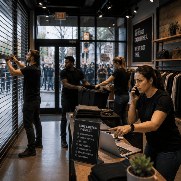 Staff of a store preparing for an approaching riot.